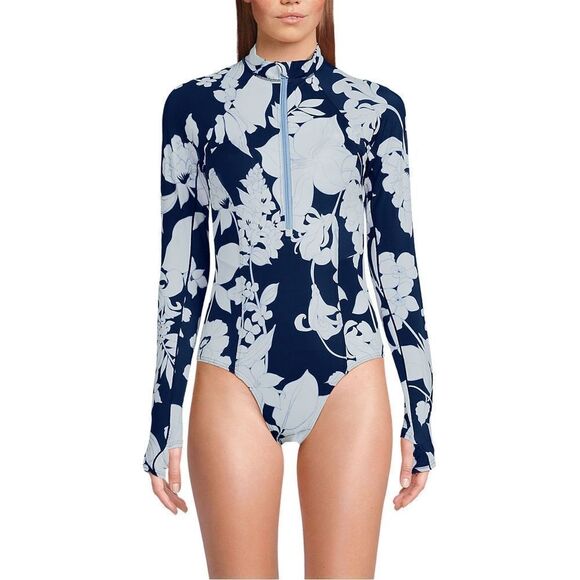Land's End Plus Standard long sleeve zip one piece swim sea navy white Lily Var - Picture 5 of 5